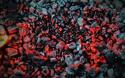 roasted coals textures, 4k, fireplace, coals, bonfire, coals textures, fire flames, roasted coals