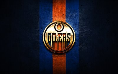 Edmonton Oilers, golden logo, NHL, blue metal background, american hockey team, National Hockey League, Edmonton Oilers logo, hockey, USA