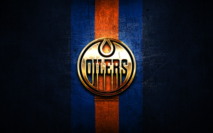Edmonton Oilers, golden logotyp, NHL, bl&#229; metall bakgrund, amerikansk ishockey, National Hockey League, Edmonton Oilers logotyp, hockey, USA