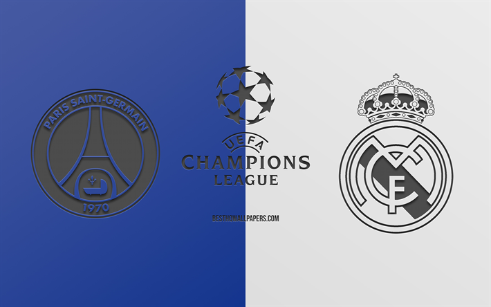 PSG vs Real Madrid, partida de futebol, 2019 Champions League, promo, o azul de fundo branco, arte criativa, UEFA Champions League, futebol, O Paris Saint-Germain
