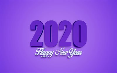 Purple 2020 Background, Happy New Year 2020, 3D 2020 art, creative 2020 backgrounds, greeting card, 2020 art, 2020 concepts