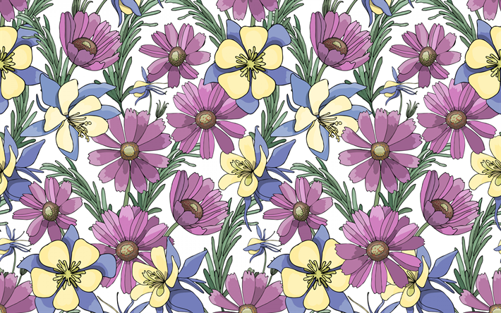 floral retro texture, texture with purple flowers, retro flowers background, floral texture, yellow and purple flowers