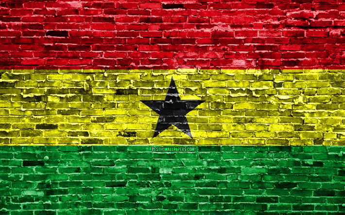 4k, bandiera del Ghana, mattoni texture, Africa, simboli nazionali, Bandiera del Ghana, brickwall, Ghana 3D bandiera, paesi di Africa, Ghana