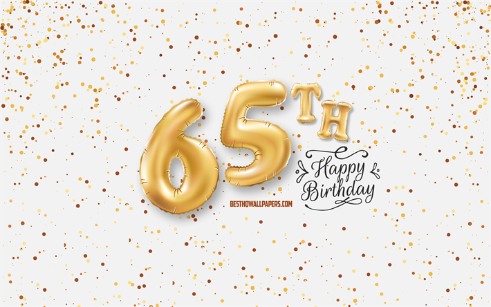 happy 65th birthday, 3d-ballons, briefe, geburtstag hintergrund mit luftballons, 65 jahre geburtstag, wei&#223;er hintergrund, gl&#252;cklich, geburtstag, gru&#223;karte