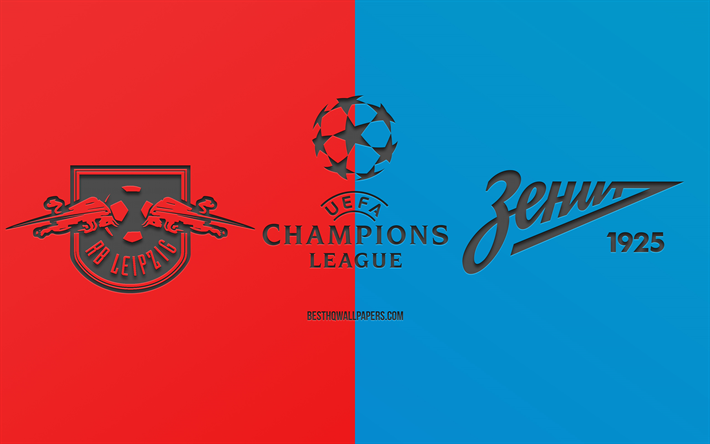RB Leipzig vs FC Zenit, partido de f&#250;tbol, 2019 de la Liga de Campeones, de promoci&#243;n, de color azul con fondo rojo, arte creativo, la UEFA Champions League, el f&#250;tbol