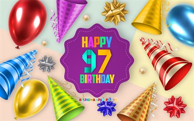 Happy 97 Years Birthday, Greeting Card, Birthday Balloon Background, creative art, Happy 97th birthday, silk bows, 97th Birthday, Birthday Party Background, Happy Birthday
