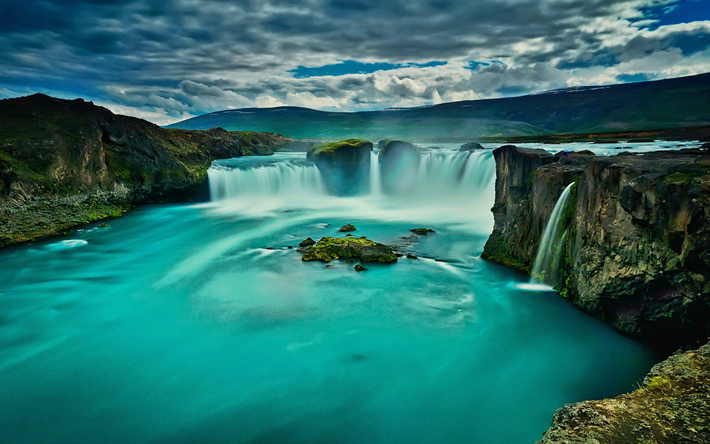 Godafoss, waterfalls, Akureyri, icelandic landmarks, beautiful nature, Iceland, Europe, Godafoss Waterfall
