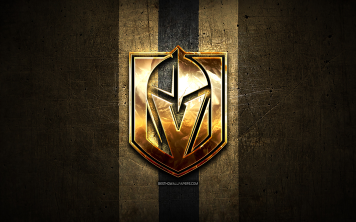 Vegas Golden Knights, golden logo, NHL, brown metal background, american hockey team, National Hockey League, Vegas Golden Knights logo, hockey, USA