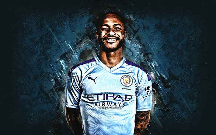 Raheem Sterling, portrait, blue creative background, Manchester City FC, English footballer, midfielder, Premier League, England, football