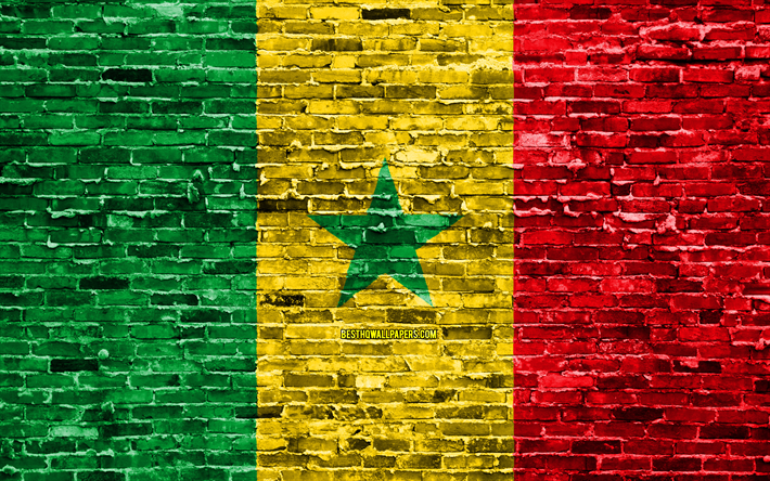Senegal, brickwall, 3D bayrak, Afrika &#252;lkelerinin 4k, Senegalli bayrağı, tuğla doku, Afrika, Ulusal semboller, Bayrak