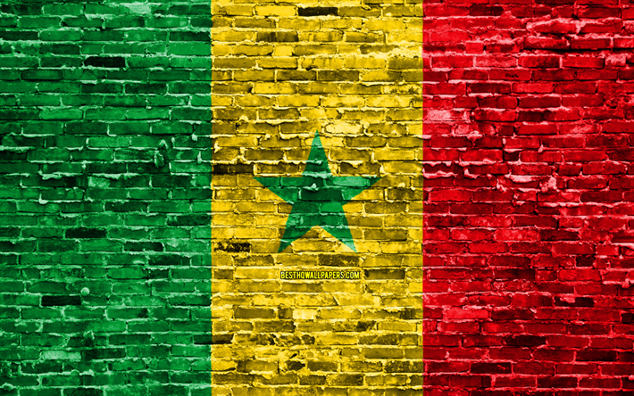 4k, Senegalese flag, bricks texture, Africa, national symbols, Flag of Senegal, brickwall, Senegal 3D flag, African countries, Senegal