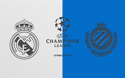 Real Madrid vs Club Brugge, football match, 2019 Champions League, promo, blue white background, creative art, UEFA Champions League, football, Real Madrid vs Brugge