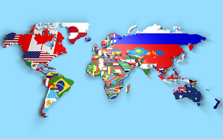 3D mapa del mundo con banderas, 4k, mapa mundial, concepto, ilustraci&#243;n, 3D, mapa del mundo, creativo, arte 3D, mapas del mundo