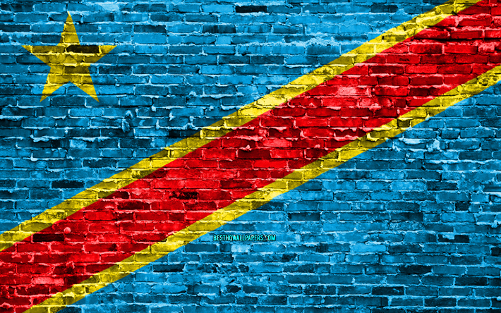 4k, コンゴ民主共和国フラグ, レンガの質感, アフリカ, 国立記号, フラグのコンゴ民主共和国, brickwall, コンゴ民主共和国旗3D, アフリカ諸国, コンゴ民主共和国