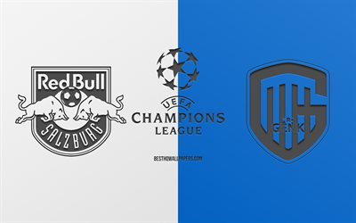 Red Bull Salzburg vs Genk, football match, 2019 Champions League, promo, white blue background, creative art, UEFA Champions League, football