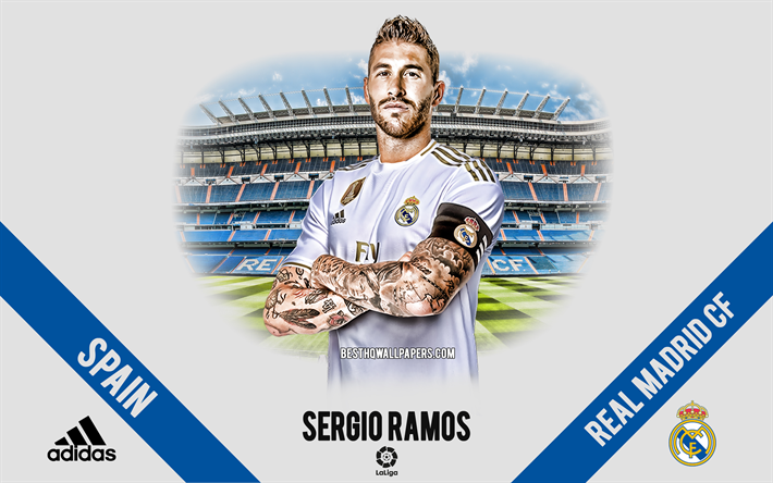 Sergio Ramos, le Real Madrid, le portrait, le footballeur espagnol, le d&#233;fenseur, La Liga, l&#39;Espagne, le Real Madrid footballeurs 2020, le football, Santiago Bernabeu
