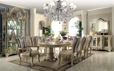 classic interior design, living room, dining room, large dining wooden table, luxurious interior, luxurious wooden chairs