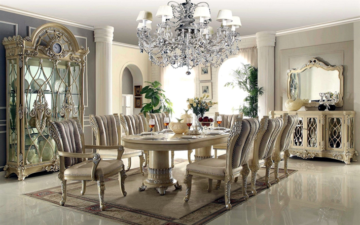 interni dal design classico, soggiorno, sala da pranzo, grande sala da pranzo con tavolo in legno, interni di lusso, lusso sedie in legno