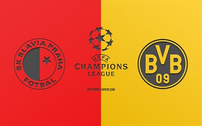 Slavia Prague vs Borussia Dortmund, football match, 2019 Champions League, promo, red yellow background, creative art, UEFA Champions League, football