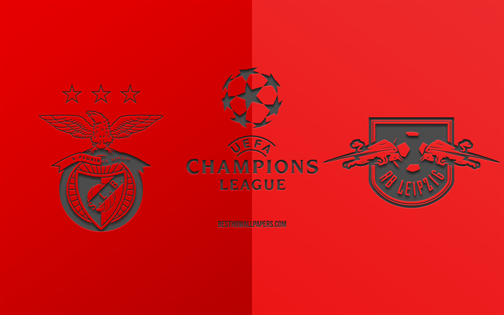 El SL Benfica vs RB Leipzig, partido de f&#250;tbol, 2019 de la Liga de Campeones, de promoci&#243;n, de fondo rojo, arte creativo, de la UEFA Champions League, el f&#250;tbol