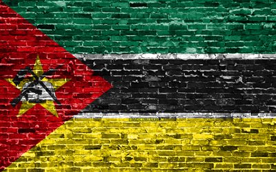 4k, Mozambican flag, bricks texture, Africa, national symbols, Flag of Mozambique, brickwall, Mozambique 3D flag, African countries, Mozambique