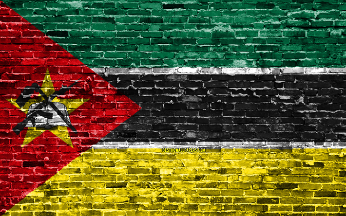 4k, Mozambikli bayrak, tuğla doku, Mozambik Afrika, Ulusal semboller, Bayrak, brickwall, Mozambik 3D bayrağı, Afrika &#252;lkeleri, Mozambik