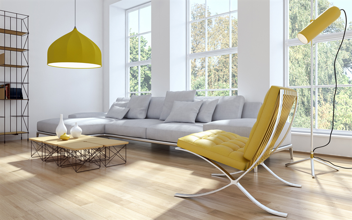 tyylik&#228;s olohuone sisustus, olohuone-hanke, moderni tyyli, suuri harmaa sohva, keltainen nahka nojatuoli, tyylik&#228;s huonekalut, moderni sisustus, olohuone