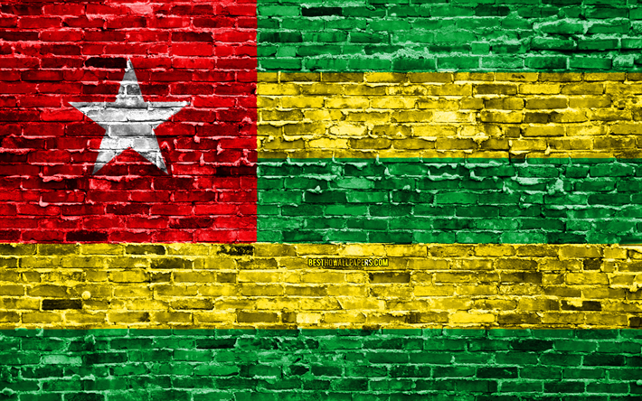 4k, Malili bayrak, tuğla doku, Afrika, Ulusal semboller, Togo Bayrağı, brickwall, Togo 3D bayrağı, Afrika &#252;lkeleri, Togo