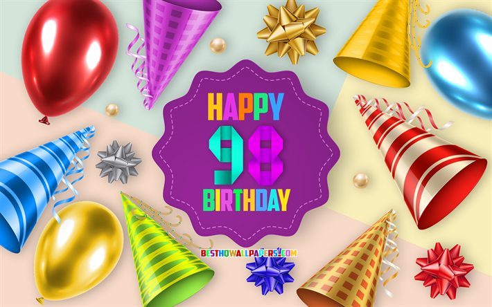 Happy 98 Years Birthday, Greeting Card, Birthday Balloon Background, creative art, Happy 98th birthday, silk bows, 98th Birthday, Birthday Party Background, Happy Birthday