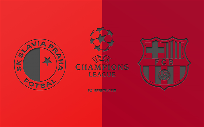 Slavia Prague vs FC Barcelona, football match, 2019 Champions League, promo, red burgundy background, creative art, UEFA Champions League, football