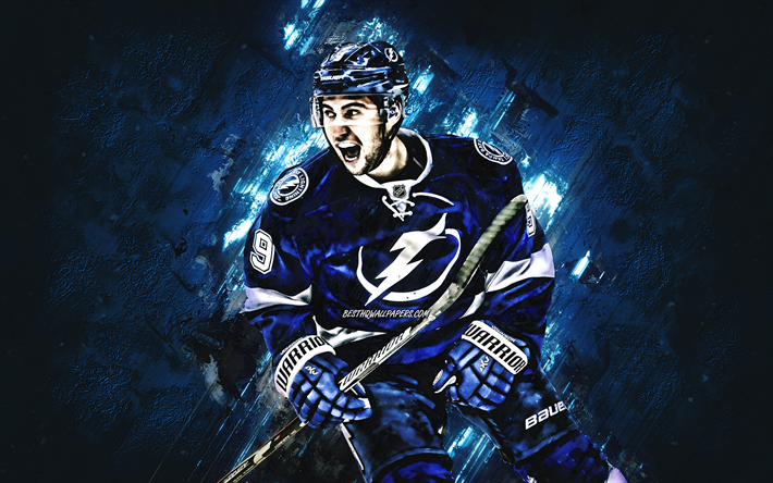tyler johnson, tampa bay lightning, portr&#228;t, amerikanischer eishockey-spieler, blue stone, hintergrund, nhl, usa, hockey