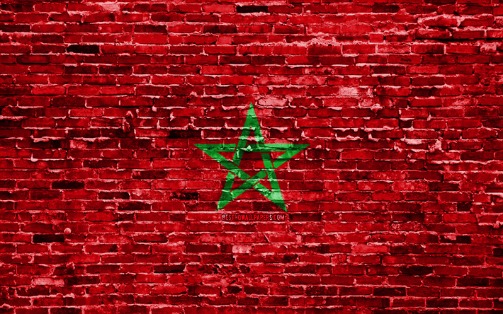 4k, Moroccan flag, bricks texture, Africa, national symbols, Flag of Morocco, brickwall, Morocco 3D flag, African countries, Morocco