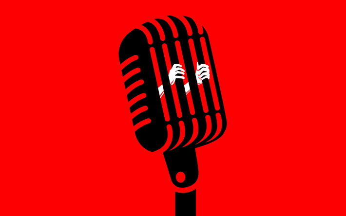 m&#252;zik mikrofon, 4k, m&#252;zikal kavramlar, minimal, &#246;zg&#252;rl&#252;k, yaratıcı, kırmızı arka plan, siyah mikrofon