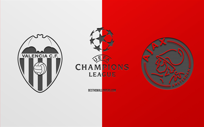 Valencia CF-vs Ajax Amsterdam, fotbollsmatch, 2019 Champions League, promo, vit-r&#246;d bakgrund, kreativ konst, UEFA Champions League, fotboll, Valencia vs Ajax