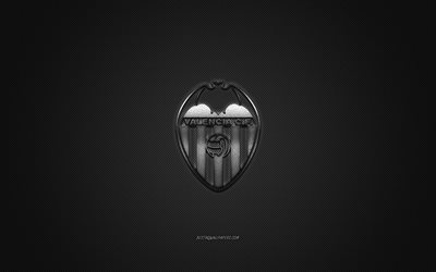 Valencia CF, Spanish football club, La Liga, silver logo, gray carbon fiber background, football, Valencia, Spain, Valencia CF logo
