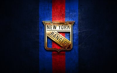 New York Rangers, golden logo, NHL, blue metal background, american hockey team, National Hockey League, New York Rangers logo, hockey, USA, NY Rangers