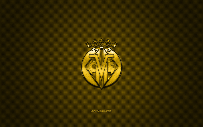 Le Villarreal CF, club de football espagnol, Liga, jaune logo jaune en fibre de carbone de fond, football, &#224; Valence, en Espagne, le Villarreal CF logo