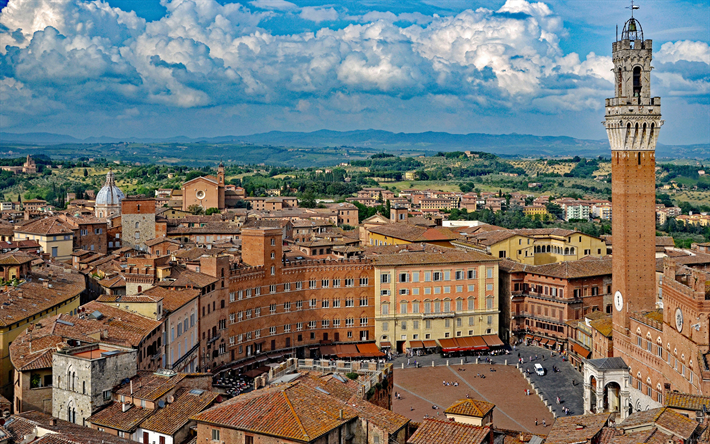 Torre del Mangia, Piazza del Campo, italian cities, HDR, Siena, Tuscany, Europe, italian landmarks