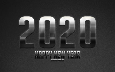 Happy New Year 2020, silver metal letters, 2020 metal background, 2020 concepts, gray stone background, 2020 New Year