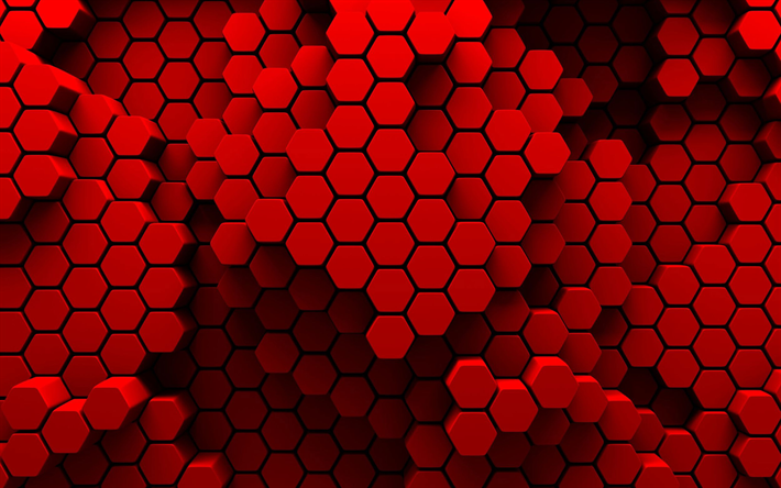 rote sechsecke, 3d-kunst, sechsecke, textur, kreativ -, makro -, waben -, rote sechsecke hintergrund, texturen, rotem hintergrund, sechseck muster