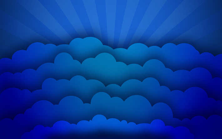 blu 3D nuvole, creativo, arte astratta, blu, raggi, sfondi blu, nuvole