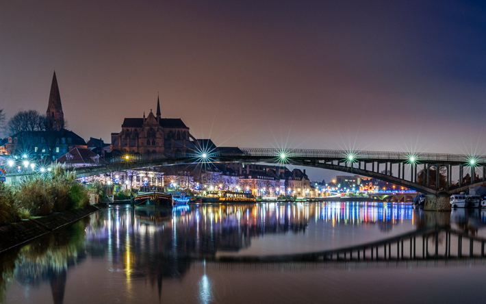 O Auxerre, Borgonha, noite, paisagem urbana, Auxerre Catedral, rio, ponte, Fran&#231;a