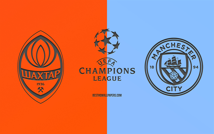 Le Shakhtar Donetsk vs Manchester City, match de football, 2019 de la Ligue des Champions, de la promo, orange, bleu, fond, art cr&#233;atif, de l&#39;UEFA Champions League, le football, le Shakhtar vs Manchester City