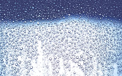 4k, 水滴の質感, 水滴がガラス, 青色の背景, 近, 水滴, 水背景, 落質感, 水, 下にブルーの背景