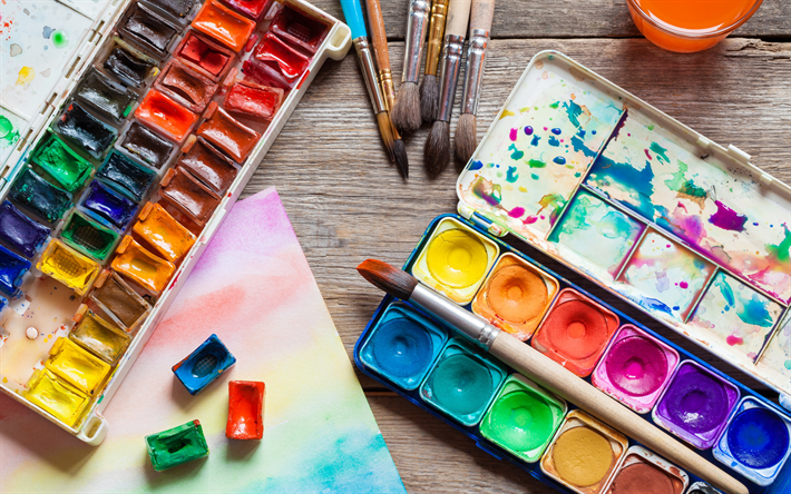art supplies, watercolors, brushes, art concepts, painters supplies, colorful paints