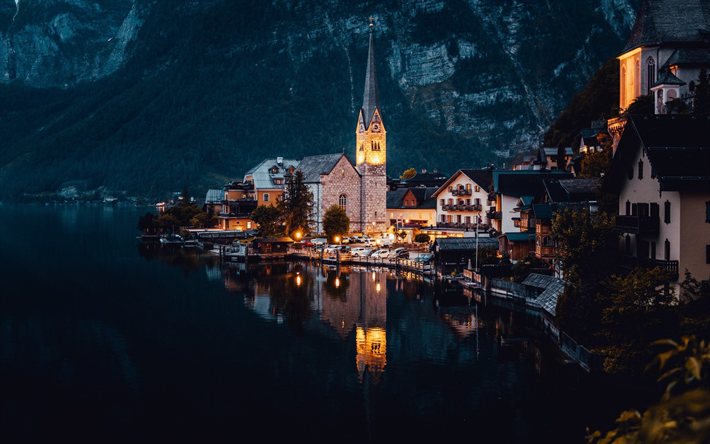 Hallstatt湖, 夜, 教会, 美しい湖, 小都市, Hallstatt, Dachstein, オーストリア, 上位オーストリア