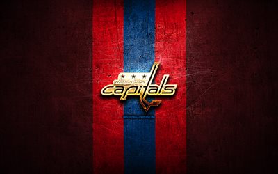 Washington Capitals, golden logotyp, NHL, red metal bakgrund, amerikansk ishockey, National Hockey League, Washington Capitals logotyp, hockey, USA