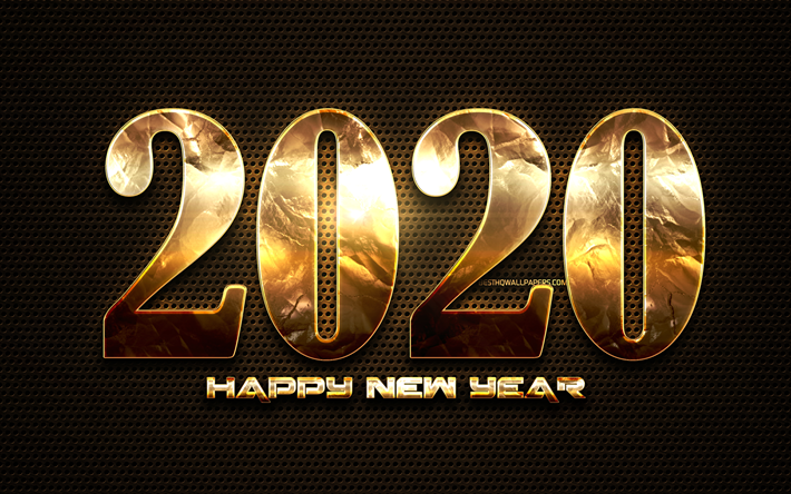 2020 golden digits, metal dotted background, Happy New Year 2020, 2020 metal art, 2020 concepts, golden linear digits, 2020 on brown background, 2020 year digits