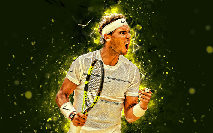 Rafael Nadal, 4k, espanjan tennis pelaajia, ATP, neon valot, tennis, Rafael Nadal Parera, fan art, Rafael Nadal 4K