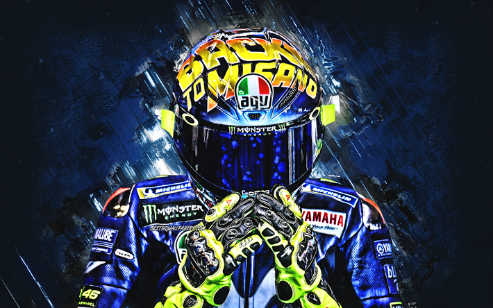 Valentino Rossi, el italiano piloto de motos, MotoGP, arte creativo, creativo azul de fondo, Rossi casco, Monster Energy Yamaha MotoGP